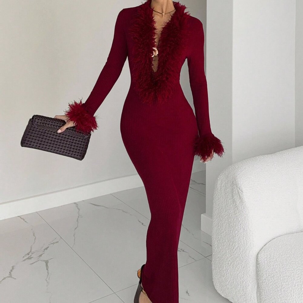 Burgundy Elegant Women's Christmas faux fur trim Sweater Dress